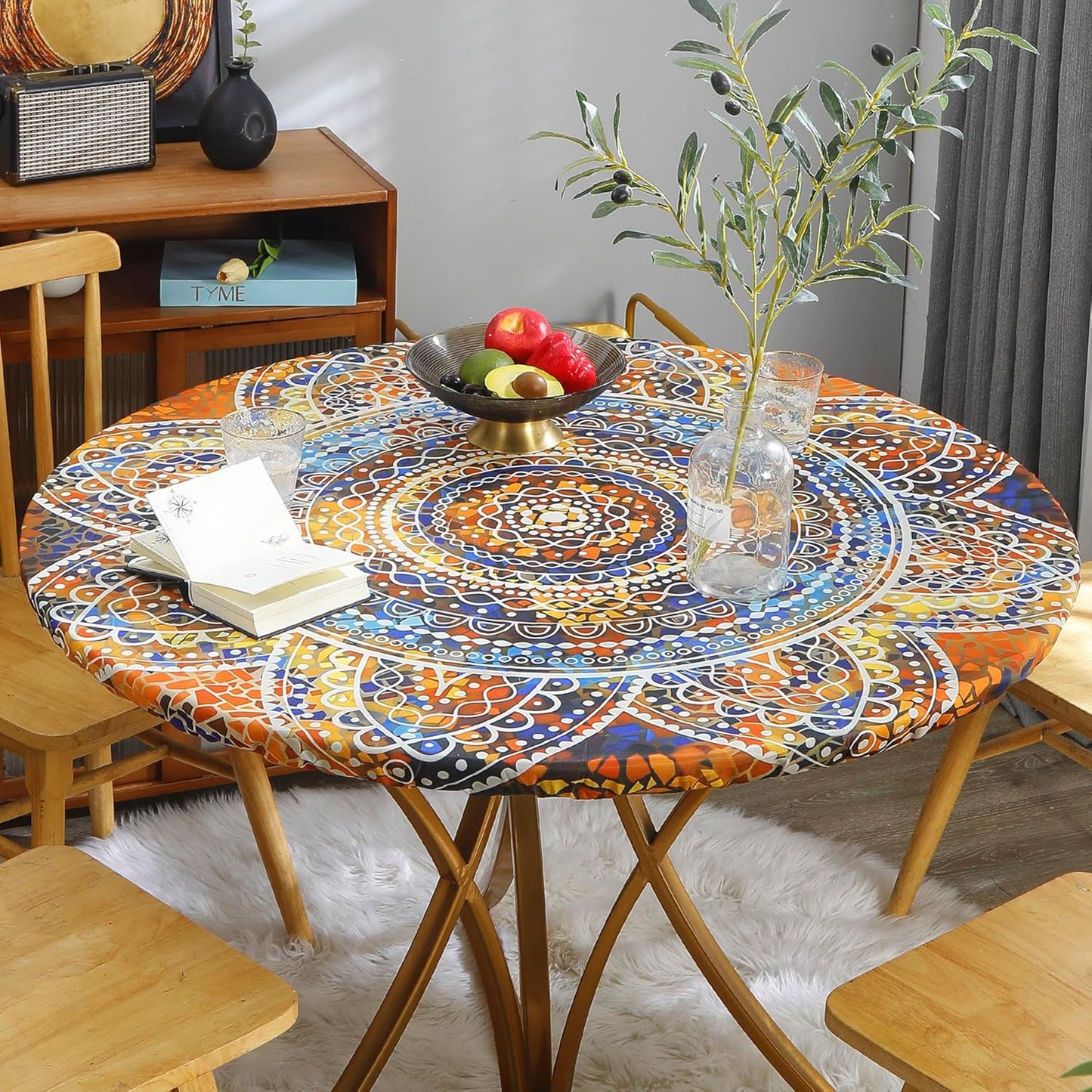 Round Fitted Tablecloth Elastic Edge Design Table Cover Waterproof Table Cloth Wipeable Washable for round Table