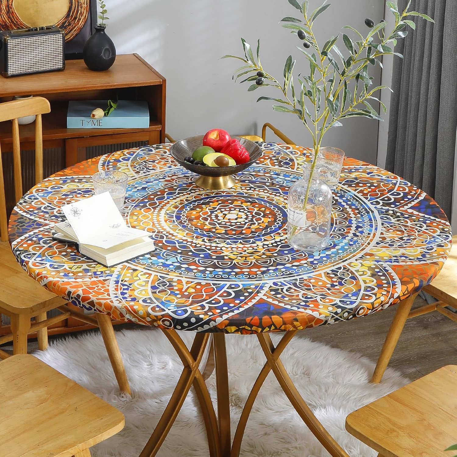 Round Fitted Tablecloth Elastic Edge Design Table Cover Waterproof Table Cloth Wipeable Washable for round Table