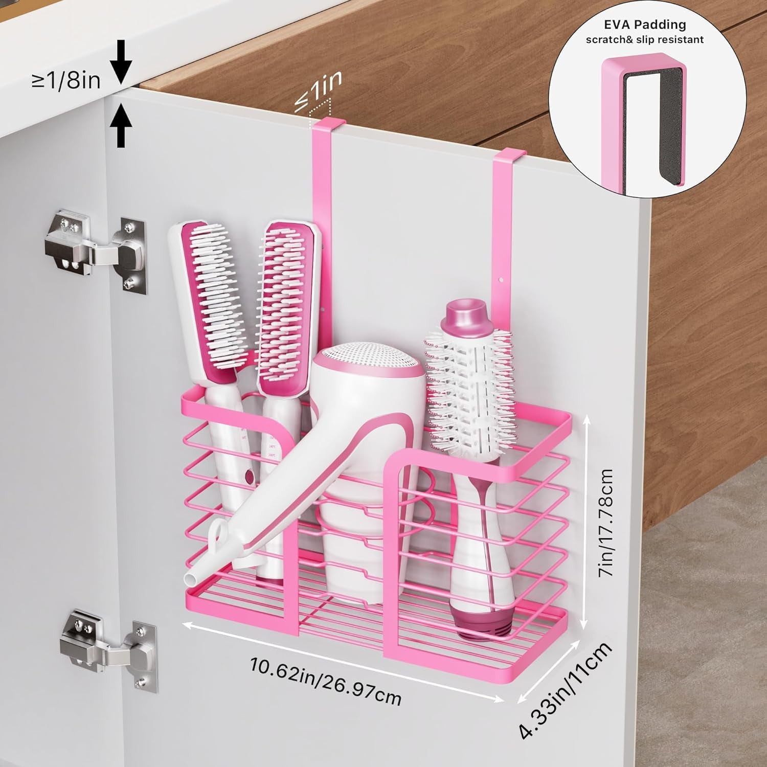 Pink Hair Dryer Holder - 3-Section Organizer for Hair Tools, Wall-Mounted/Cabinet Door Straightener Holder, Adjustable Height Metal Dryer and Curling Iron Organizer