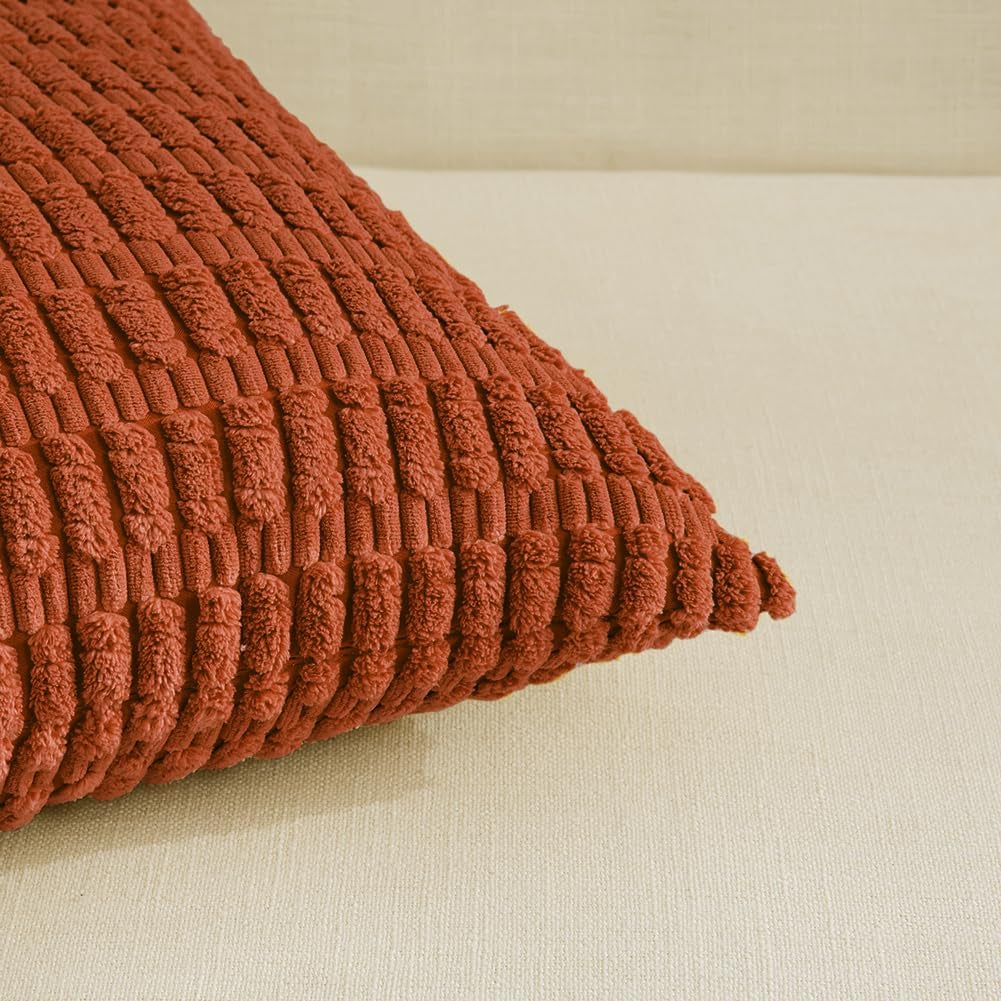 2 Packs Burnt Orange Decorative Throw Pillow Covers 18X18 Inch for Living Room Couch Bed Sofa, Farmhouse Boho Fall Home Decor, Soft Striped Corduroy Square Cushion Case 45X45 Cm