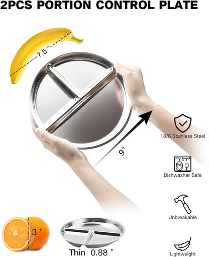 Stainless Steel Kids Plates 2 Packs, 9" Portion Control Plate Divided Plates for Adults Bariatric Weight Loss & Diabetic Diet, [Non Toxic Unbreakable] Toddlers Lunch Dishes, Camping Food Tray