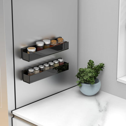 Adhesive Acrylic Spice Rack with Nano Double Sided Tape Wall Mount Organizer, Black Wall Spice Rack with Shelf Ends for Kitchen Cabinet Door - 2 Pack 12‘’ Shelves