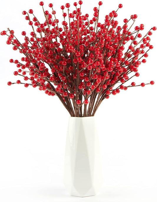 12 Pack Red Berry Stems - 17'' Holly Berry Stems, Red Berries Christmas Decor, Red Berry Picks for Christmas Tree Filler Branches, Artificial Cranberries Ornaments Crafts Holiday Home Decor