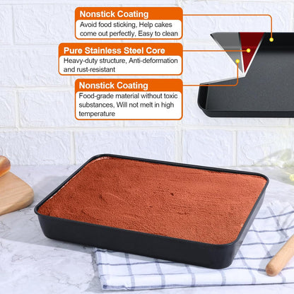 Toaster Oven Pan with Lid, Nonstick Cake Lasagna Pan Rectangular Tray for Baking Roasting Storing, Stainless Steel Core & Plastic Cover, Oven & Freezer Safe, (10.5 Inch, 2Pcs)
