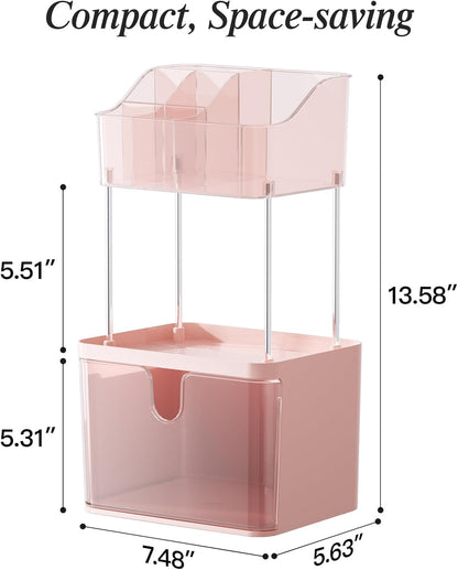 Makeup Organizer Countertop, 3-Tier Vanity Organizer with Large Drawers and Top 6-Grid Section, Suitable for Bathroom Counter, Dresser, Storage for Cosmetics, Skincare, Perfume, Lipstick, Pink