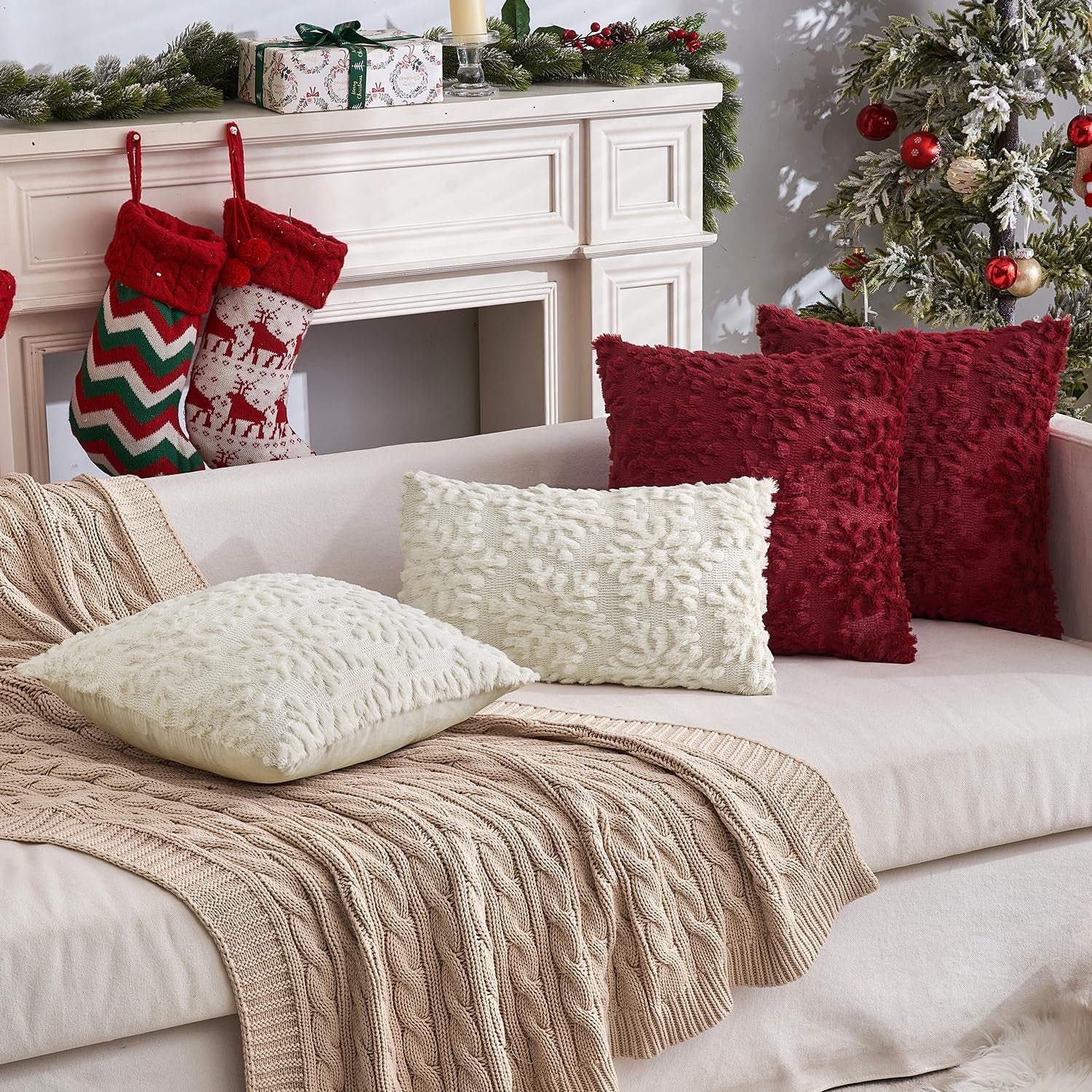 Christmas Cream White Throw Pillow Covers Snowflakes Decorative 18×18 Inch Faux Wool Winter Festival Couch Pillow Covers Set of 2 Farmhouse Holiday Home Decors for Sofa Livingroom Bed