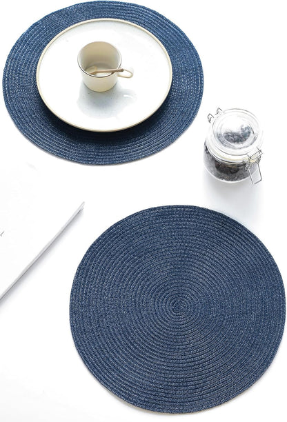 15-Inch Round Braided Placemats Set of 4, Washable Heat-Resistant Cotton-Polyester Circle Place Mats for Kitchen Dining Table - Navy Blue