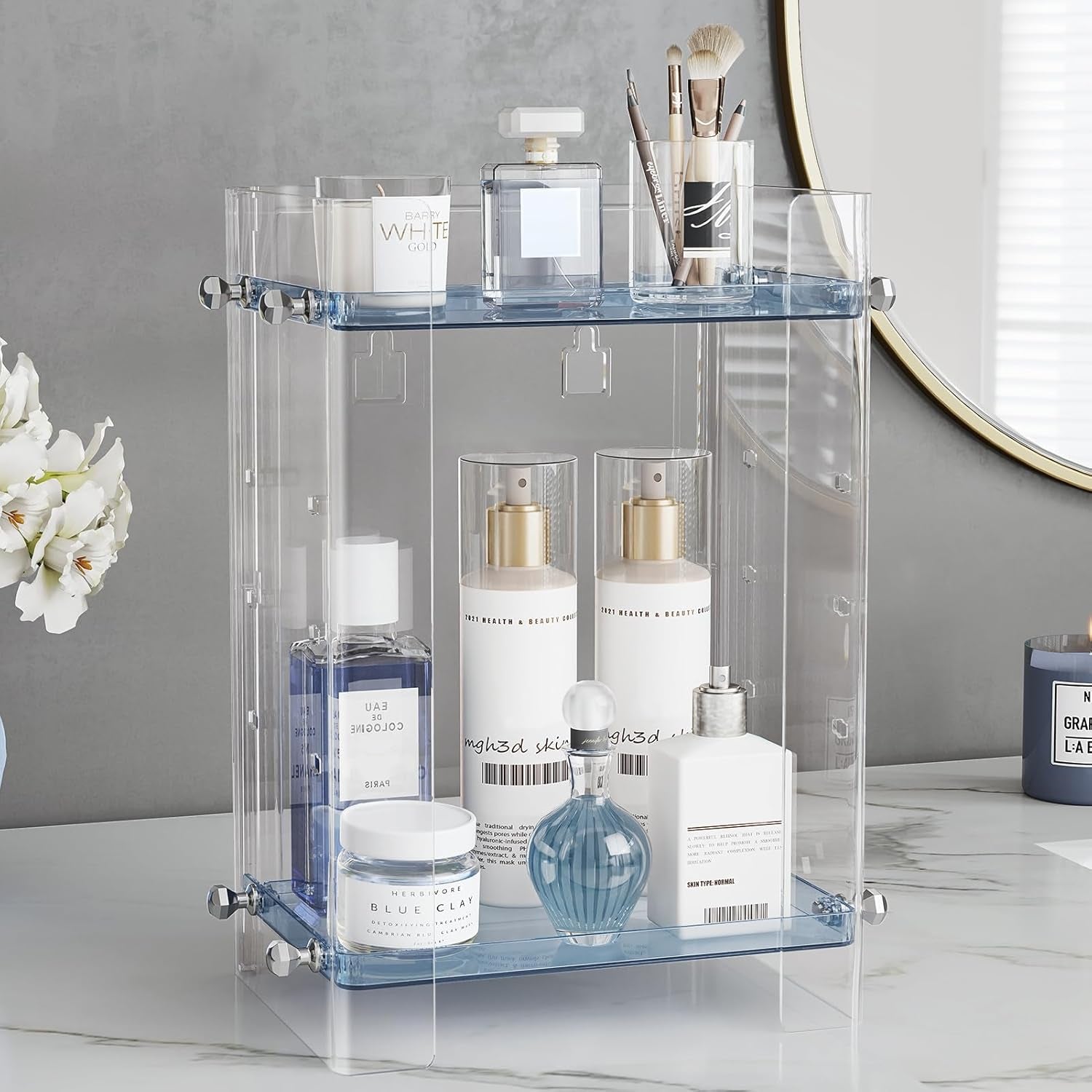Bathroom Countertop Organizer, 2 Tier Adjustable Corner Makeup & Skincare Organizer with Protective Guard Rail, Transparent Design for Vanity, Bathroom Counter, Ideal for Girls