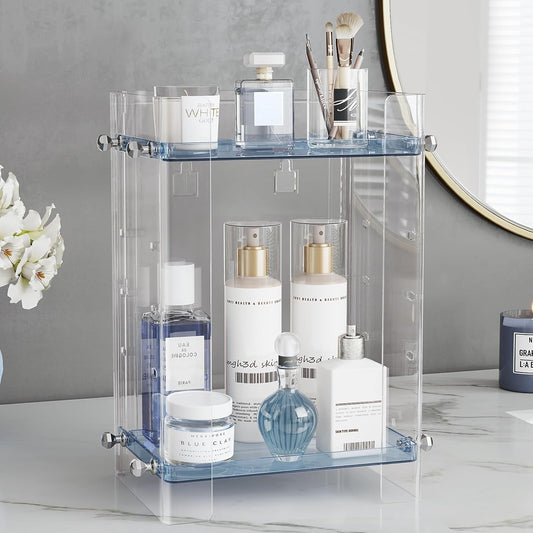 Bathroom Countertop Organizer, 2 Tier Adjustable Corner Makeup & Skincare Organizer with Protective Guard Rail, Transparent Design for Vanity, Bathroom Counter, Ideal for Girls