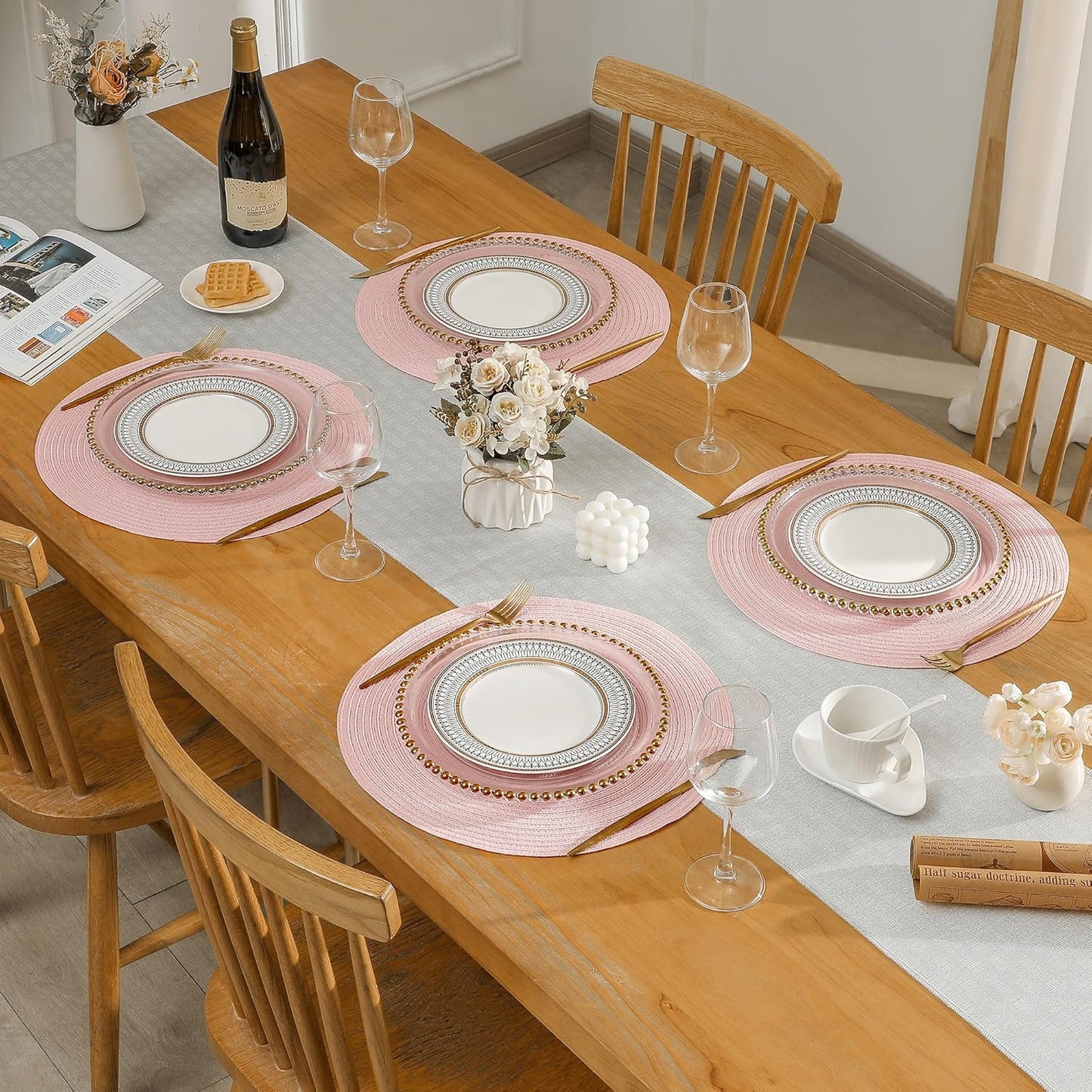 round Placemats Heat and Slip Resistant Cotton Table Mats, Washable Bohemian Placemats for Dining Tables (Pink, Set of 4)