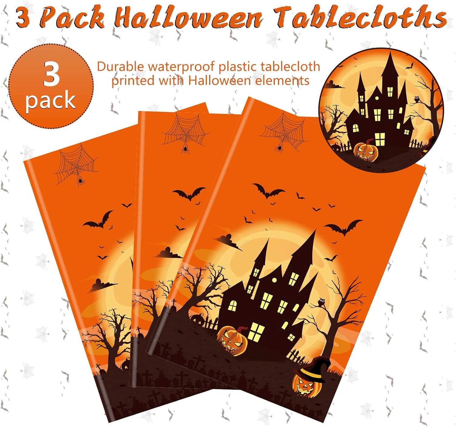 3 Packs Orange Halloween Tablecloth 54 X 108 Inches Scary Castle Ghost Pumpkin Table Cloth Disposable Waterproof Plastic Bat Spider Web Table Cover Trick or Treat for Halloween Party Dining