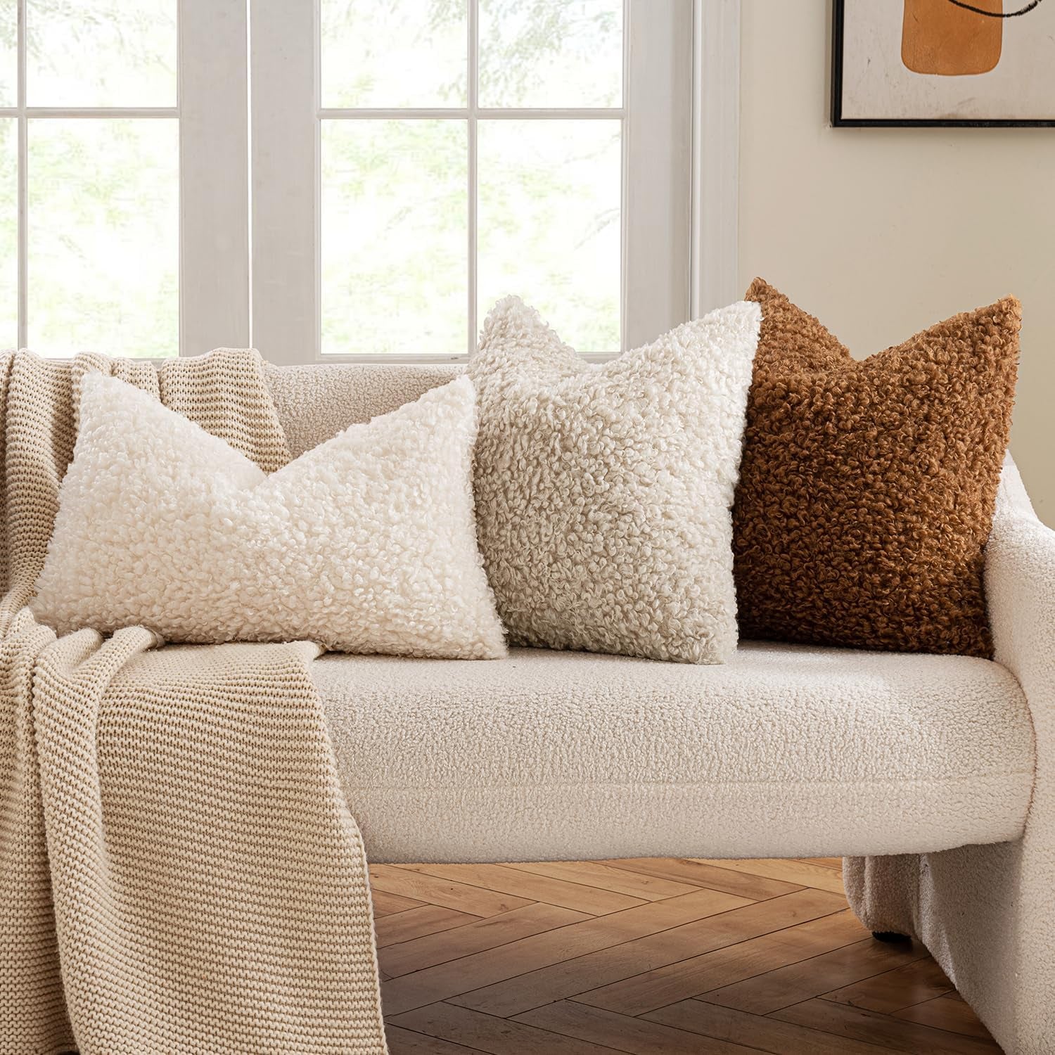 Pack of 2 Faux Fur Throw Pillow Covers 18X18 Inch Bronze Boucle Decorative Sherpa Pillow Covers Fuzzy Accent Soft Sheepskin Fleece for Boho Home Decor Sofa Living Room Couch Bed