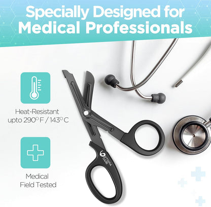 Medical Scissors Pack of 2, Stainless Steel EMT Trauma Shears for Nurses, Bandage Scissors with Stainless Steel Blades, All Purpose Surgical Shears, Black