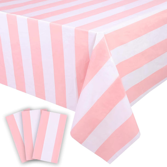 3 Packs Pink and White Horizontal Striped Table Cloth 54 X 108 Inches Pink Stripe Tablecloths Disposable Plastic Stripe Table Covers Waterproof Rectangle Picnic Tablecover for Birthday Party