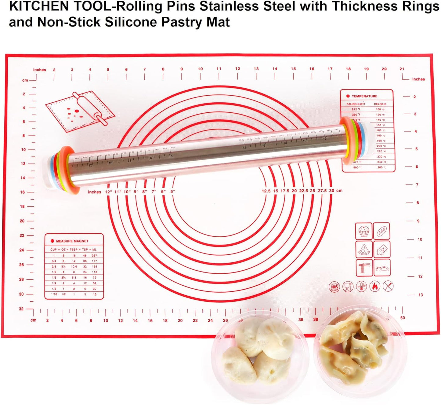 Adjustable Rolling Pin with Thickness Rings for Baking, Stainless Steel Desgins Dough Roller Pins with Silicone Pastry Nonstick Mat for Cookie Decorating Baking Supplies Fondant Cake Baker
