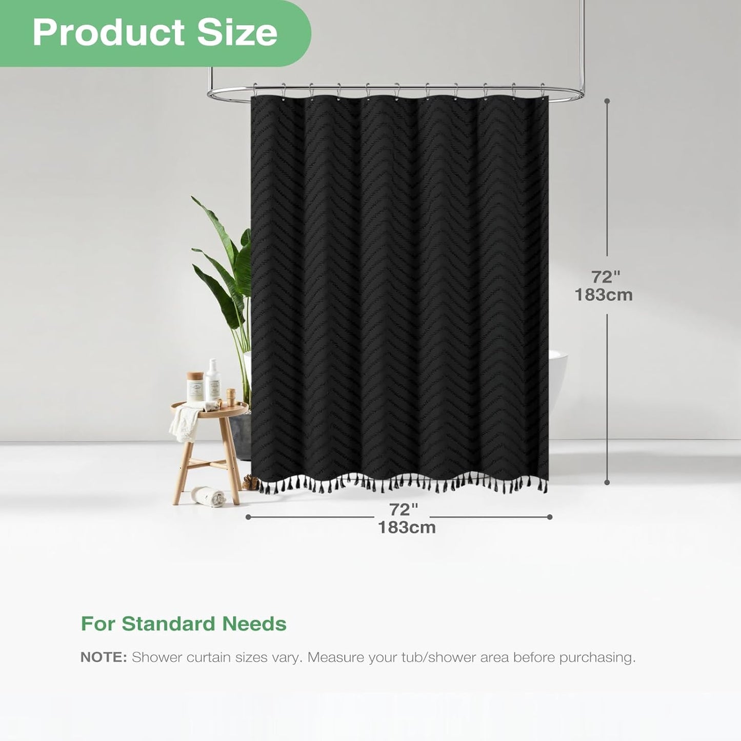 Boho Farmhouse Shower Curtain, Black Fabric Tufted Chevron Striped Textured Tassel Shower Curtains for Bathroom, Water Repellent, Minimalist Ruffled Cloth Shower Curtain Set with Hook, 72X72
