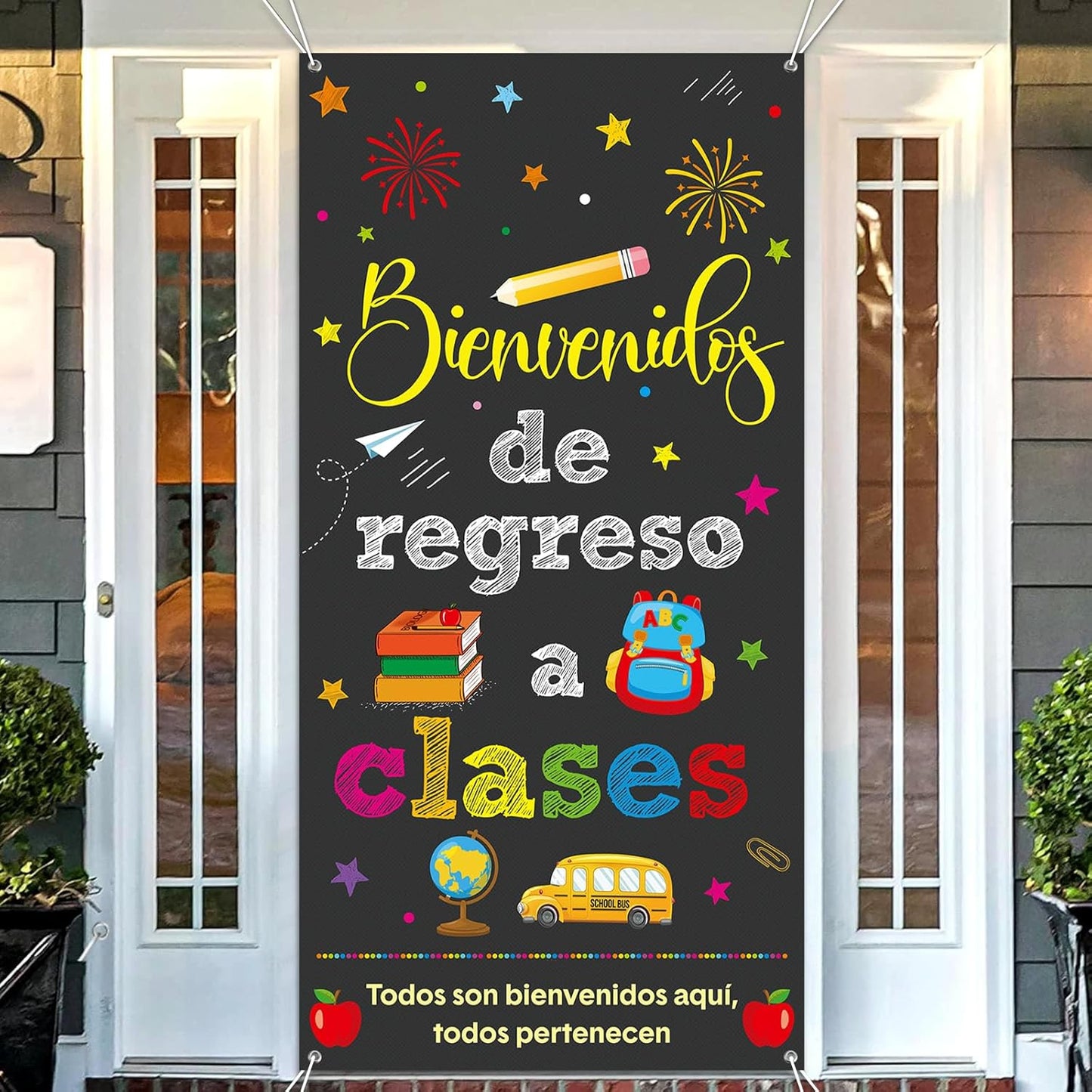 Bienvenidos De Regreso a Clases Banner Spanish Welcome Back to School Banner Door Cover Polyester Hanging Banner Backdrop Porch Sign for First Day of School Classroom Decorations, 70.8 X 35.4Inch