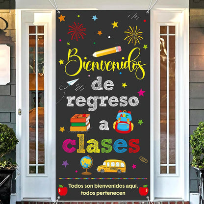 Bienvenidos De Regreso a Clases Banner Spanish Welcome Back to School Banner Door Cover Polyester Hanging Banner Backdrop Porch Sign for First Day of School Classroom Decorations, 70.8 X 35.4Inch
