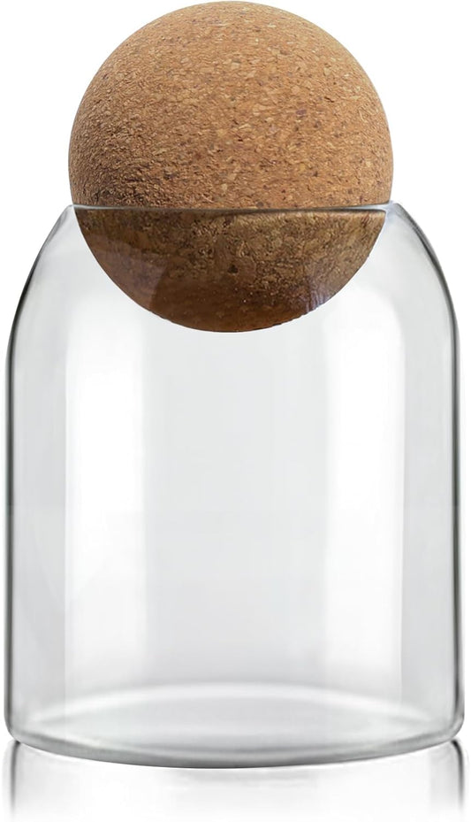Glass Storage Container with Ball Cork, 16 Oz Small Glass Jar with Cork Lid, 1 Pack Candy Jar, Cute Decorative Jar for Tip, Change, Salt, Sugar, Cookies, Bathroom Cotton Swab Qtip Holder