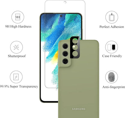 Glass Screen Protector for Galaxy S21Fe 3Pack + 2Pack Camera Lens Tempered Glass Fingerprint Unlock Compatible 0.33Mm Ultra Clear Anti-Scratch Case Friendly