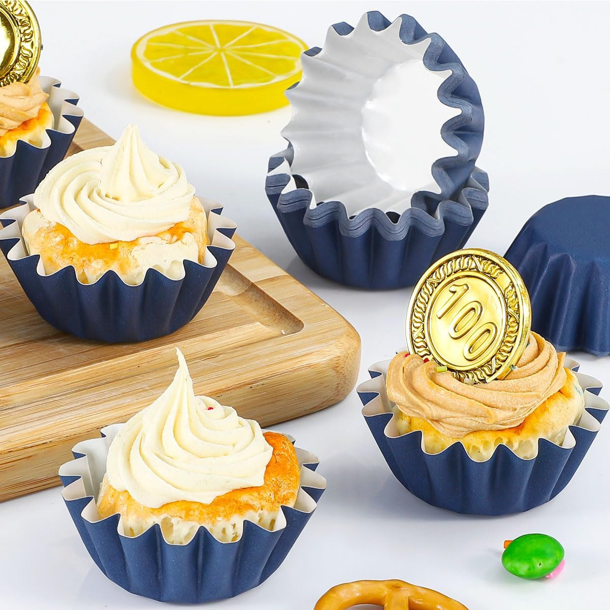 Grease-Resistant Navy Blue Mini Cupcake Liners 200 Counts - Heavy Duty Paper Muffin Baking Cups, Odorless, No Muffin Pan Needed, Easily Peels (Navy Blue)