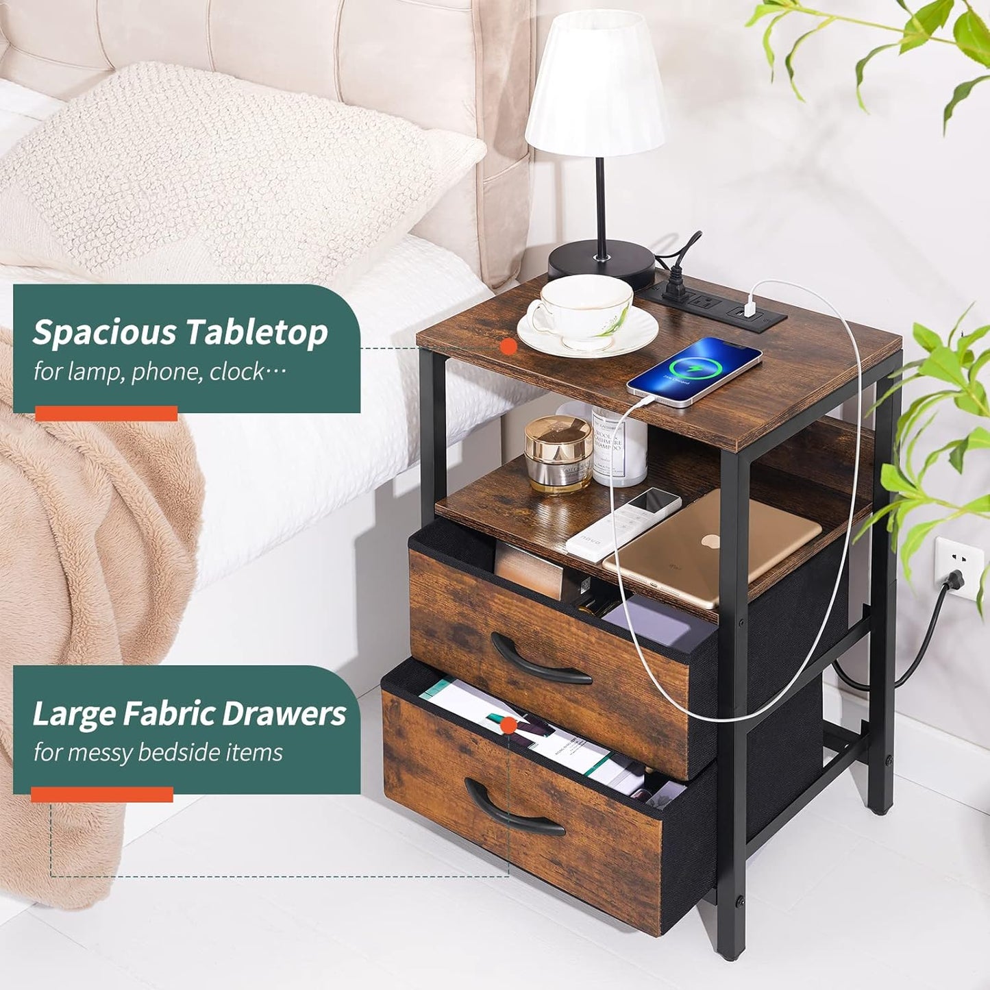 Nightstand with Charging Station, LED Night Stand with Fabric Drawers and Storage Shelf for Bedroom, Nightstands Bedside Tables with USB Ports & Outlets, Small Night Stands, Bed Side Table
