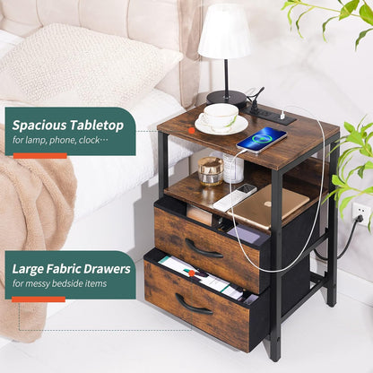 Nightstand with Charging Station, LED Night Stand with Fabric Drawers and Storage Shelf for Bedroom, Nightstands Bedside Tables with USB Ports & Outlets, Small Night Stands, Bed Side Table