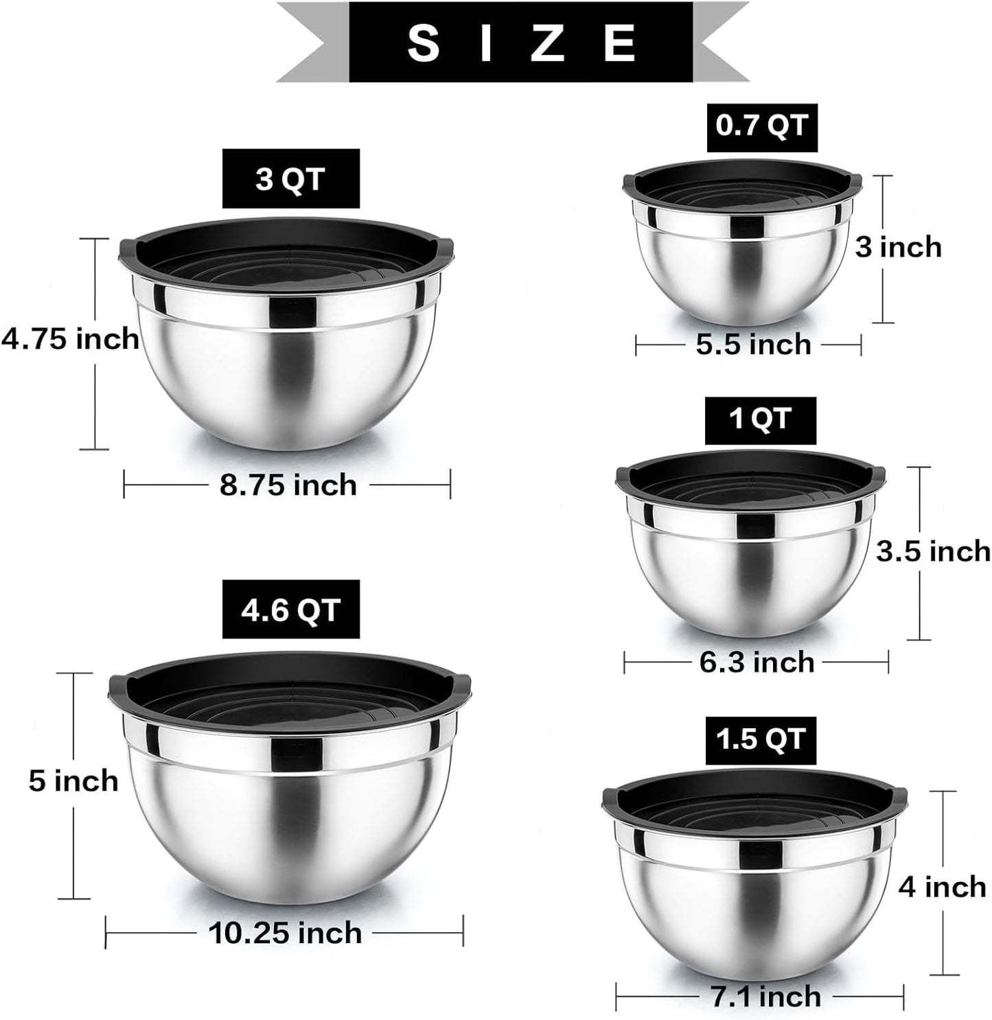 Mixing Bowl with Airtight Lid Set of 5, 10-Piece Stainless Steel Nesting Salad Bowl Set for Prepping, Mixing and Serving, Size 4.6, 3, 1.5, 1, 0.7 QT, Rimmed Edges & Flat Base, Black
