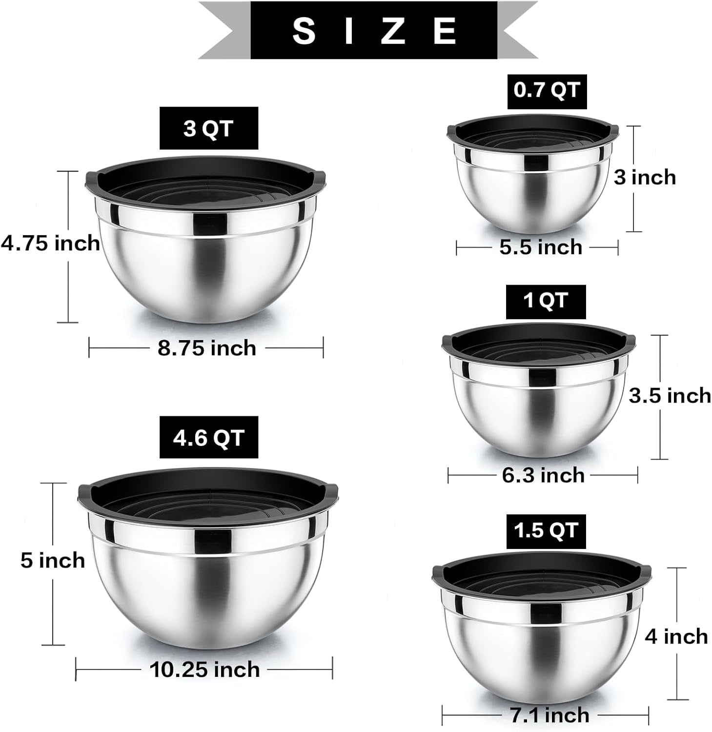 Mixing Bowl with Airtight Lid Set of 5, 10-Piece Stainless Steel Nesting Salad Bowl Set for Prepping, Mixing and Serving, Size 4.6, 3, 1.5, 1, 0.7 QT, Rimmed Edges & Flat Base, Black