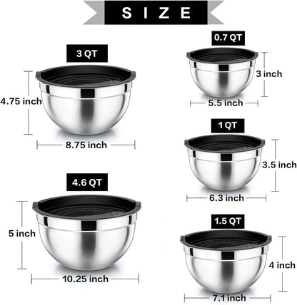 Mixing Bowl with Airtight Lid Set of 5, 10-Piece Stainless Steel Nesting Salad Bowl Set for Prepping, Mixing and Serving, Size 4.6, 3, 1.5, 1, 0.7 QT, Rimmed Edges & Flat Base, Black