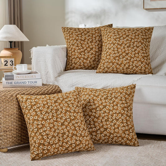 Set of 4 Mustard Yellow Floral Vintage Square Decorative Throw Pillow Covers 18X18 Inch for Couch Sofa Bed Living Room, Modern Farmhouse Bobo Fall Home Decor,Soft Cotton Linen Cushion Cover