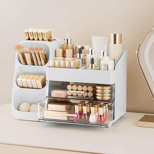 Makeup Organizer with Drawers for Vanity, Spacious Cosmetic Display Case with Makeup Brush Holder, Perfect Vanity Bathroom Organizer and Storage Solution for Skincare & Beauty Essentials, White