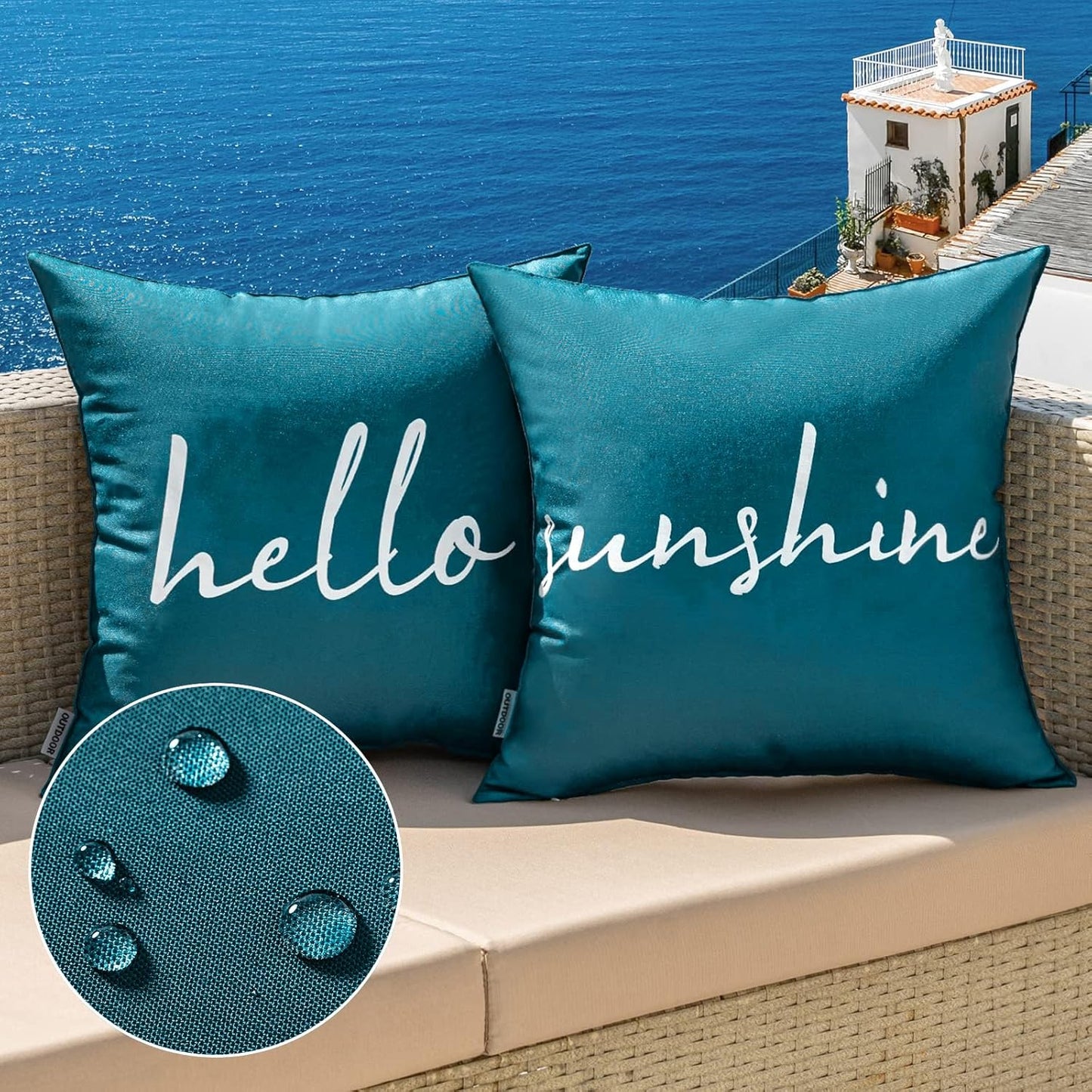 Outdoor Waterproof Throw Pillow Covers Set of 2 Hello Sunshine Decorative Outdoor Square Pillowcases for Chair Patio Garden Couch Tent Balcony Sofa Deep Blue 20X20 Inch