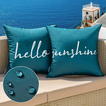 Outdoor Waterproof Throw Pillow Covers Set of 2 Hello Sunshine Decorative Outdoor Square Pillowcases for Chair Patio Garden Couch Tent Balcony Sofa Deep Blue 20X20 Inch