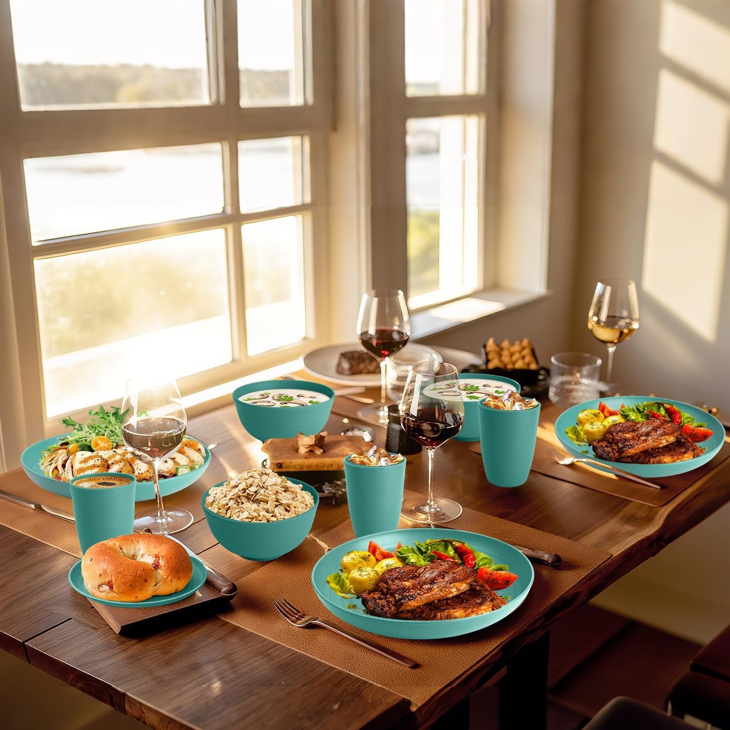 Wheat Straw 32-Piece Dinnerware Set for 8 - Durable and Lightweight Plates and Bowls for Camping, Outdoor Adventures, and RV Use, Microwave and Dishwasher Safe - Green
