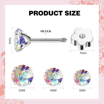 Flat Back Earrings 4Mm Stud Earrings for Women, Cubic Zirconia Stud Earrings Hypoallergenic Spiral Ear Cartilage Earlobe Silver Earrings (4Mm)