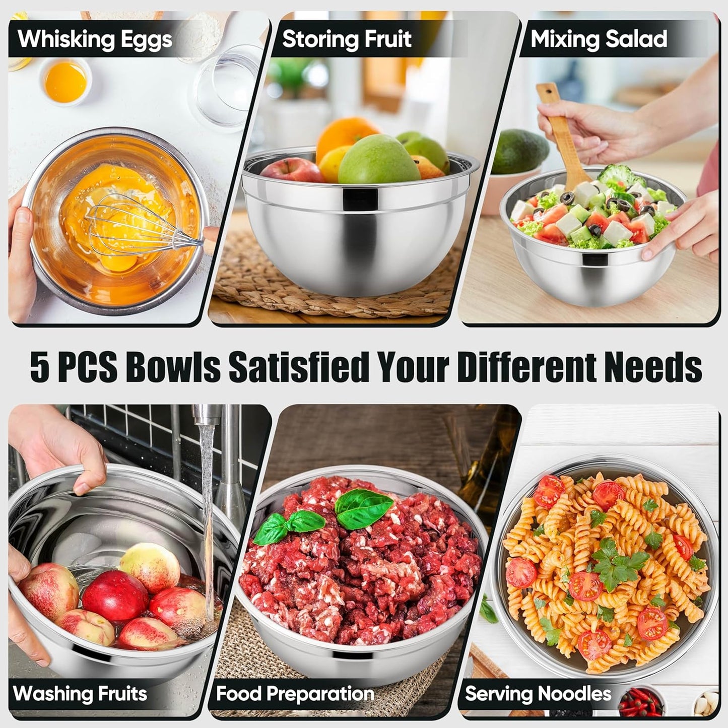 Mixing Bowl with Airtight Lid Set of 5, 10-Piece Stainless Steel Nesting Salad Bowl Set for Prepping, Mixing and Serving, Size 4.6, 3, 1.5, 1, 0.7 QT, Rimmed Edges & Flat Base, Black