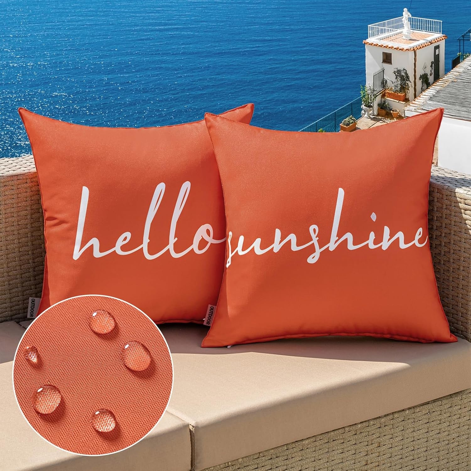 Outdoor Waterproof Throw Pillow Covers Set of 2 Hello Sunshine Decorative Outdoor Square Pillowcases for Chair Patio Garden Couch Tent Balcony Sofa Coral Red 20X20 Inch