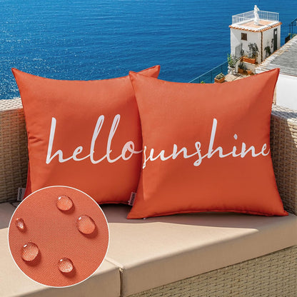 Outdoor Waterproof Throw Pillow Covers Set of 2 Hello Sunshine Decorative Outdoor Square Pillowcases for Chair Patio Garden Couch Tent Balcony Sofa Coral Red 20X20 Inch
