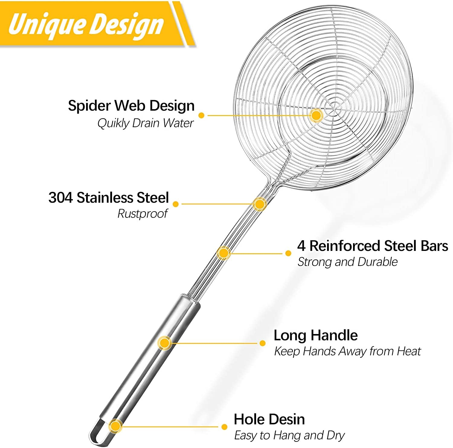 Pack of 2 Large Spider Strainer, Stainless Steel Skimmer Basket,Kitchen Ladle Strainers,Mesh Spoons with Long Handle, Cooking Tools for Frying, Boiling Noodles, Dumplings, Pasta