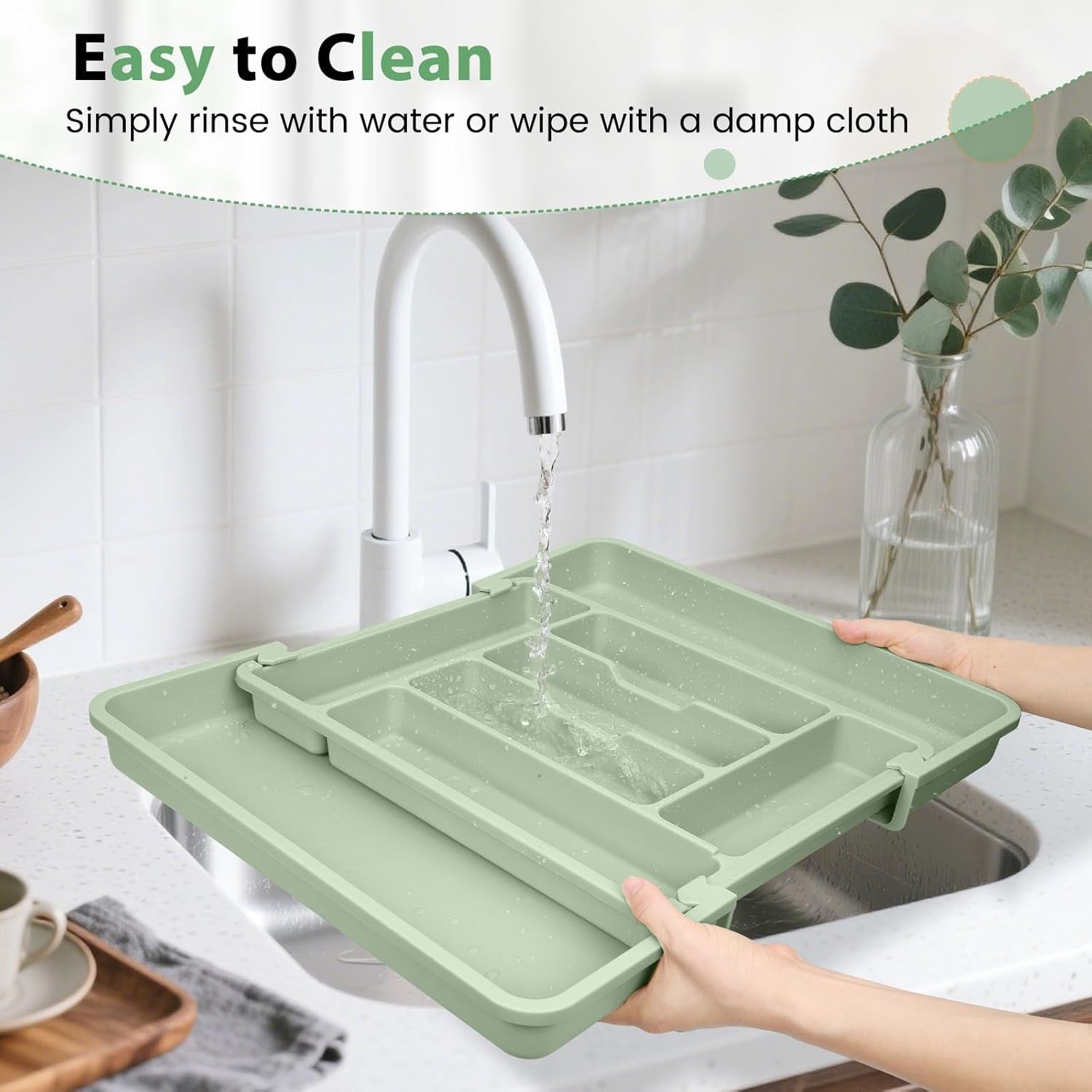 Expandable Silverware Organizer for Kitchen Drawers - BPA-Free Thick Plastic with Wider Compartments and Non-Skid Feet (Sage Green)