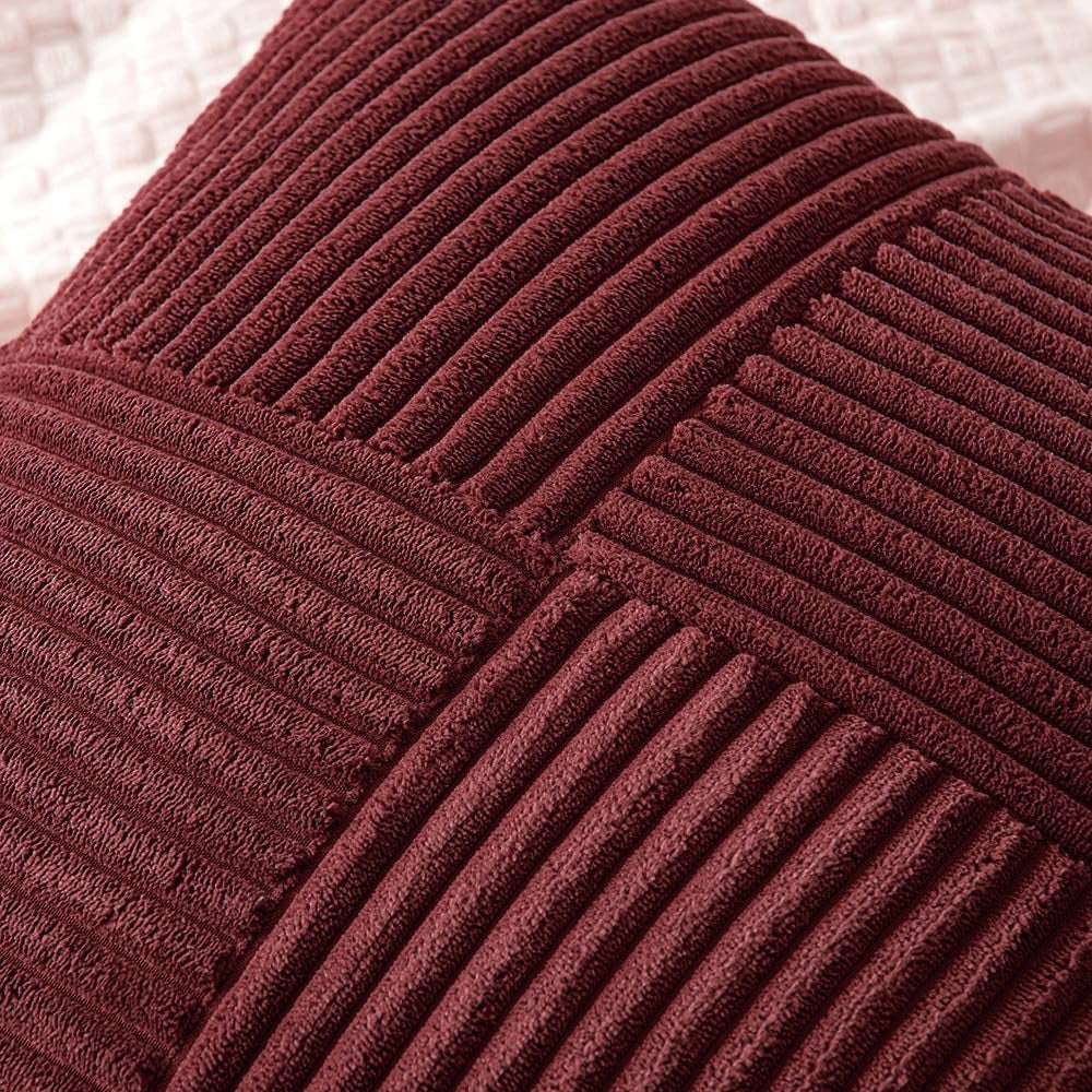 Christmas Burgundy Corduroy Pillow Covers Pack of 2 Boho Decorative Spliced Throw Pillow Covers Soft Solid Couch Pillowcases Cross Patchwork Cushion Covers for Living Room Bed Sofa 18X18 Inch