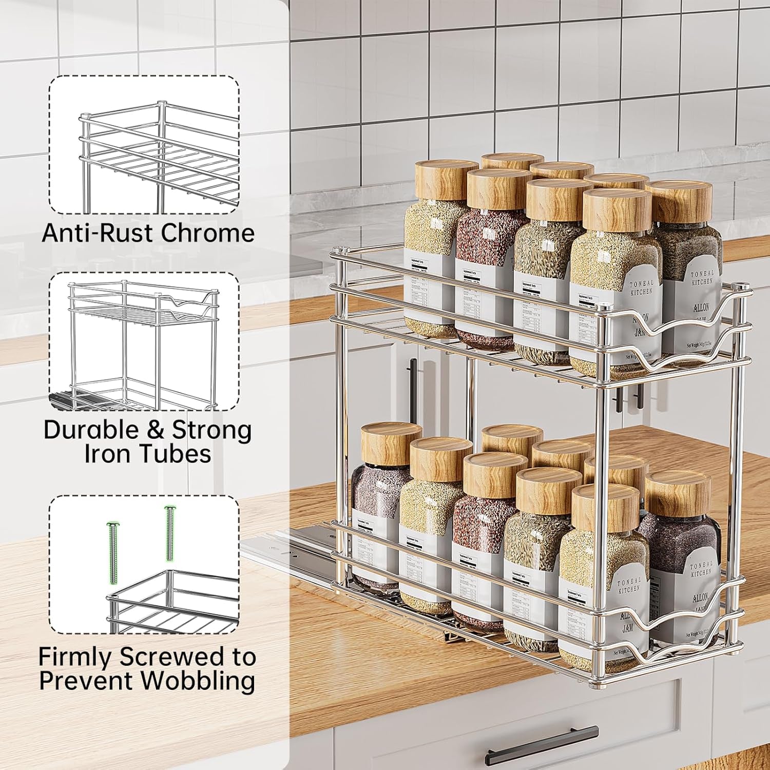 Pull Out Spice Rack Organizer for inside Cabinet, Slide Out Spice Organization for Cabinet, 4.9''Wx10.4''Dx9.57''H, Chrome Vertical Sliding Seasoning Organizer - 2 Tier