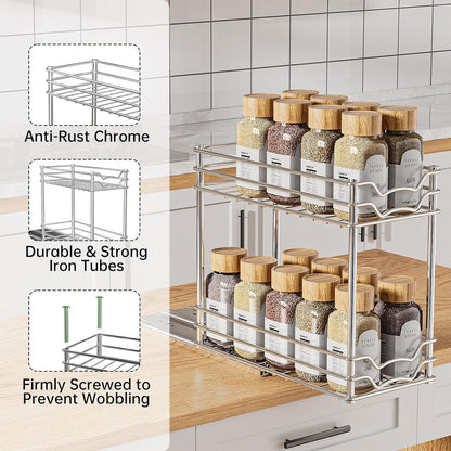 Pull Out Spice Rack Organizer for inside Cabinet, Slide Out Spice Organization for Cabinet, 4.9''Wx10.4''Dx9.57''H, Chrome Vertical Sliding Seasoning Organizer - 2 Tier