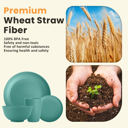 Wheat Straw 32-Piece Dinnerware Set for 8 - Durable and Lightweight Plates and Bowls for Camping, Outdoor Adventures, and RV Use, Microwave and Dishwasher Safe - Green
