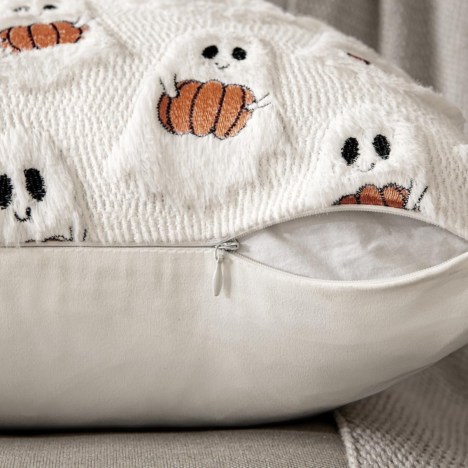 Halloween Pillow Covers Decorative Fall Cute Ghost Plush Faux Fur Pillows 18X18 Inch Set of 2 Soft Pumpkin Accents for Sofa Couch Bed Living Room Festive Home Decor, White Rust