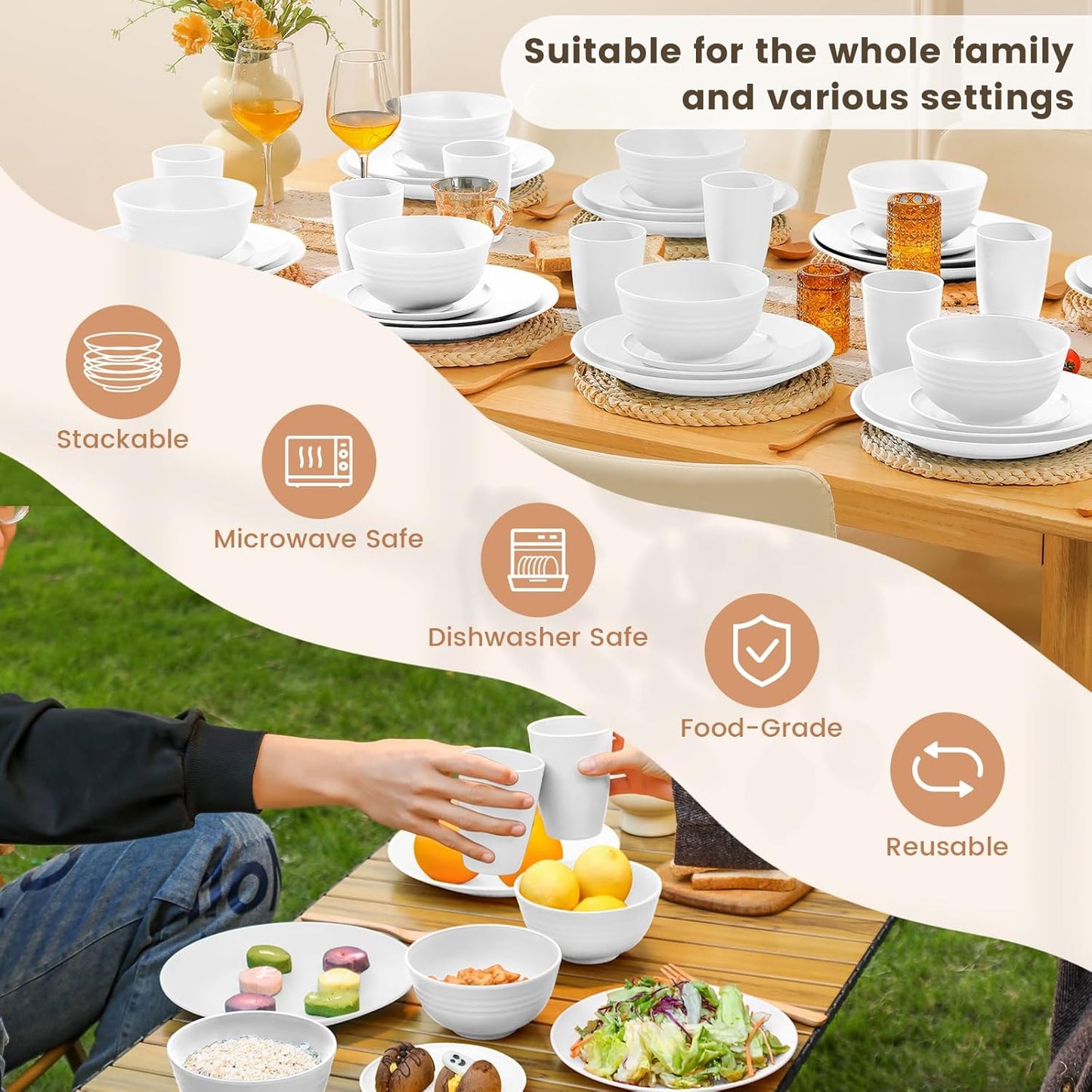 40-Piece Wheat Straw Dinnerware Set for 8 - Lightweight, Unbreakable Plates and Bowls, Microwave and Dishwasher Safe (White)
