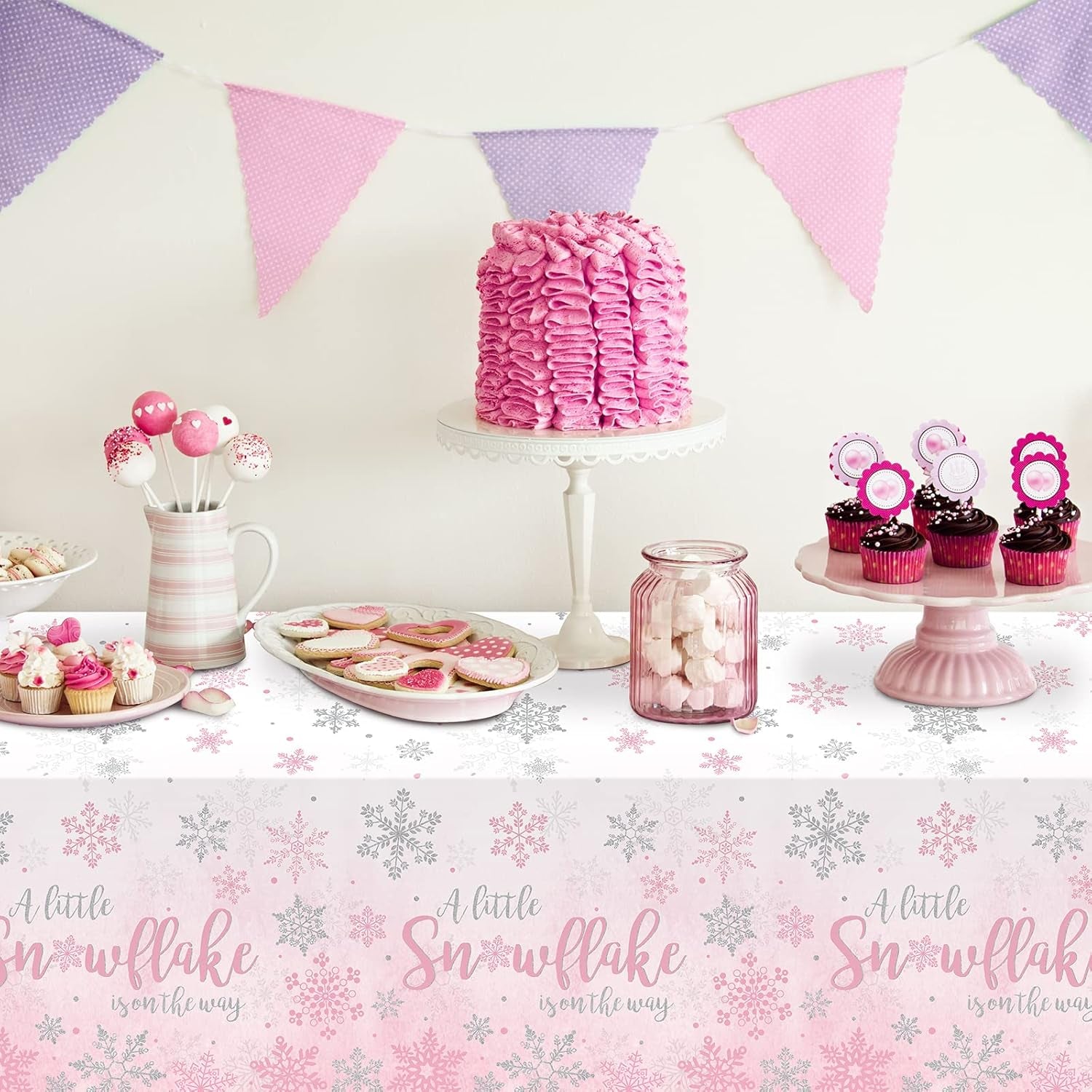 3Pcs Winter Snowflake Tablecloth, Little Snowflake Is on the Way Baby Shower Plastic Pink Tablecloth, Winter Wonderland Baby Shower Decorations for Onederland Princess Gender Reveal, 54X108Inch