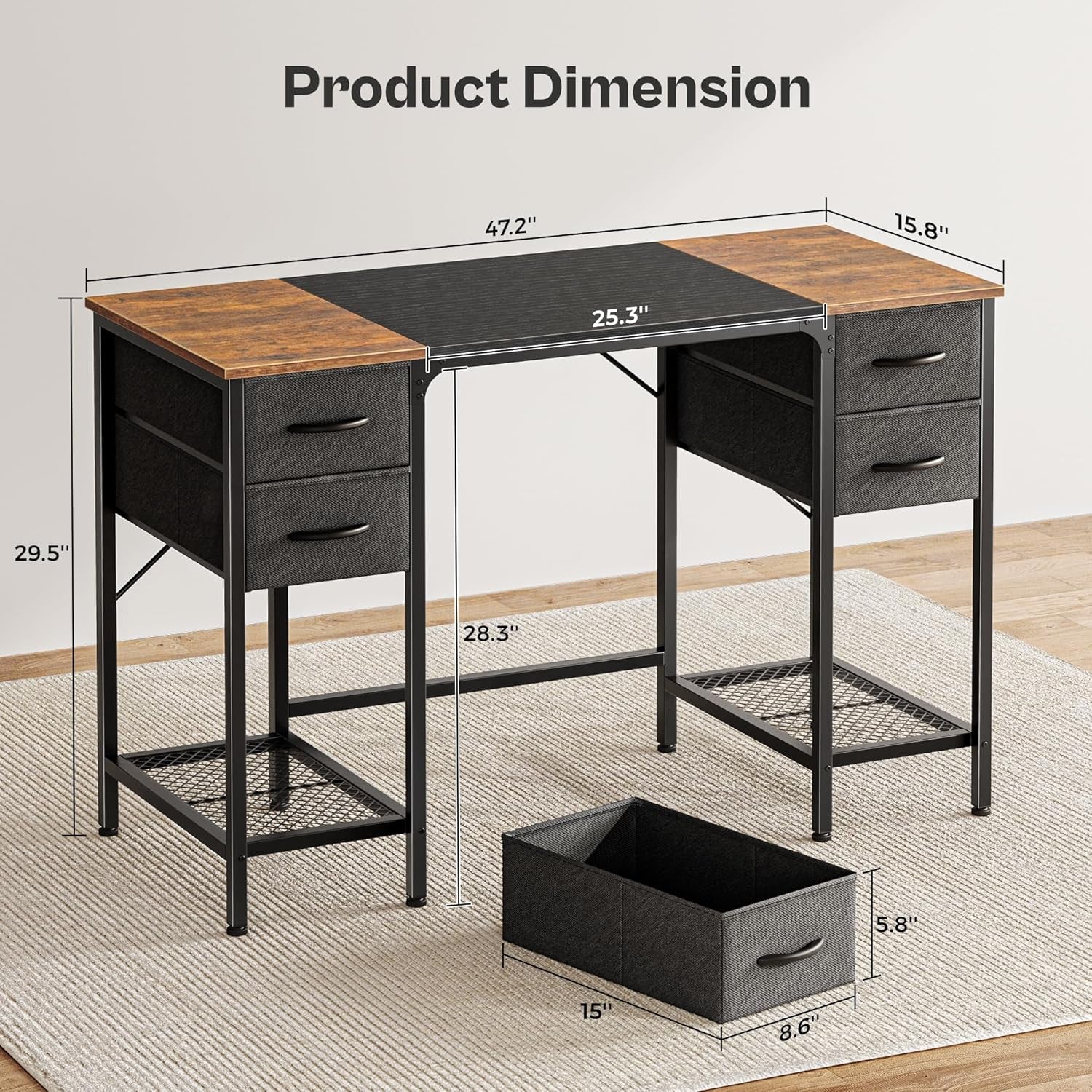 47-Inch Computer Desk with Four Drawers and Mesh Shelf, Versatile Office and Gaming Desk with Ample Storage for Home Office, Study, and Bedroom, Rustic Brown and Black Finish