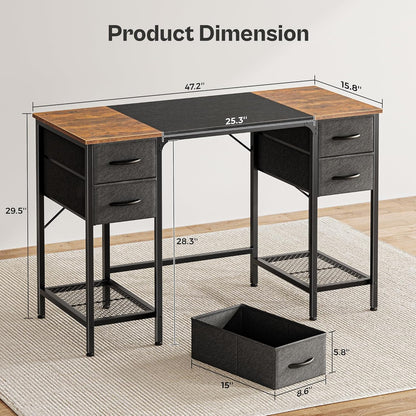 47-Inch Computer Desk with Four Drawers and Mesh Shelf, Versatile Office and Gaming Desk with Ample Storage for Home Office, Study, and Bedroom, Rustic Brown and Black Finish